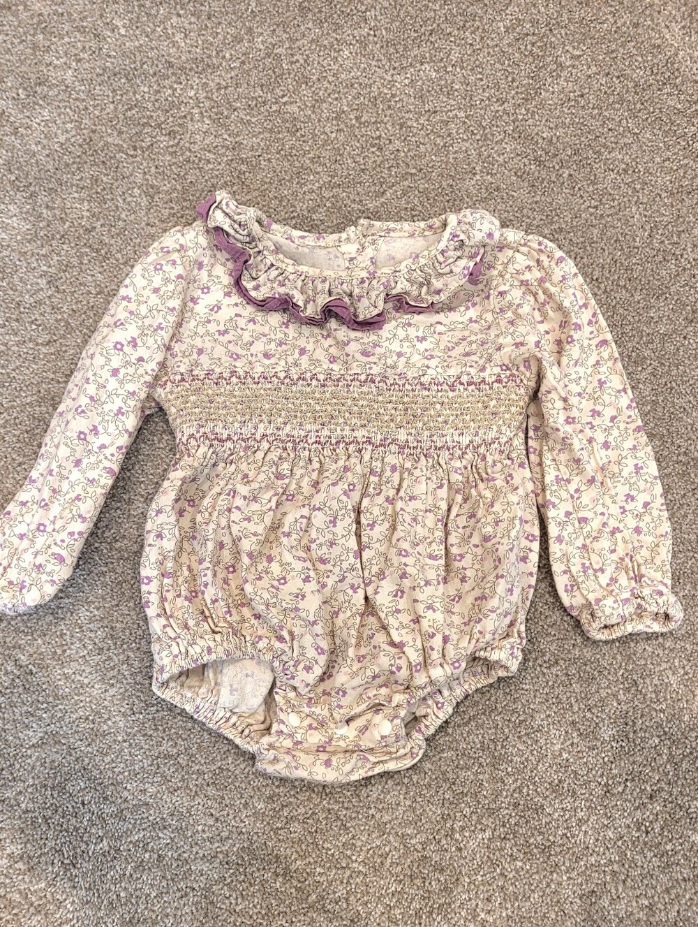 Boutique Baby Cream and Lavender Floral Smocked Cotton Romper Size 12-18 Months